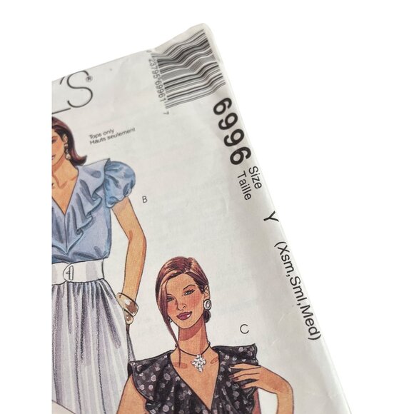 90s McCalls 6996 Misses Tops Sewing Pattern Ruffle Blouses Sizes XS-M UNCUT - Picture 2 of 6